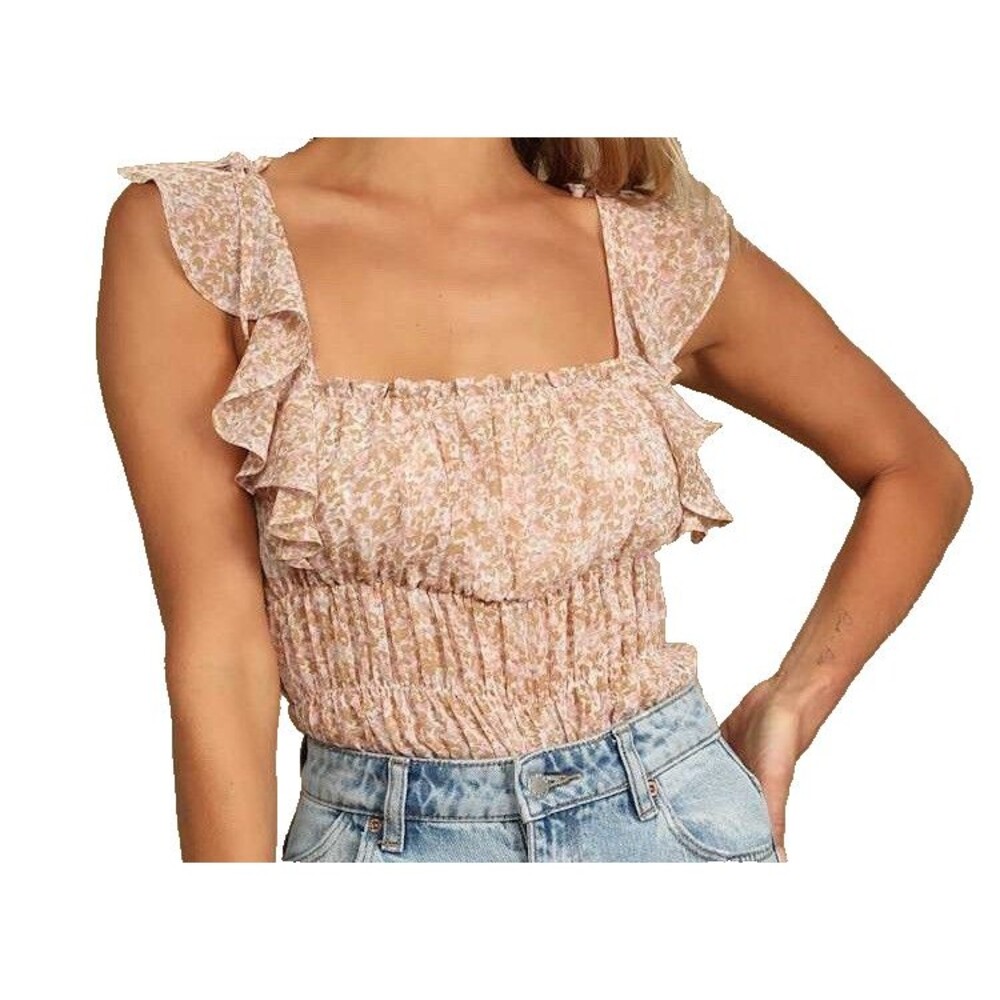 Lulus Sweetest Frills Beige Multi Print Tie-Strap Smocked Bodysuit Sz L Cottage